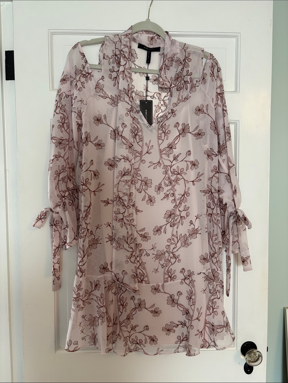 BCBG Light Pink Floral Sheer Tie-Sleeve Dress